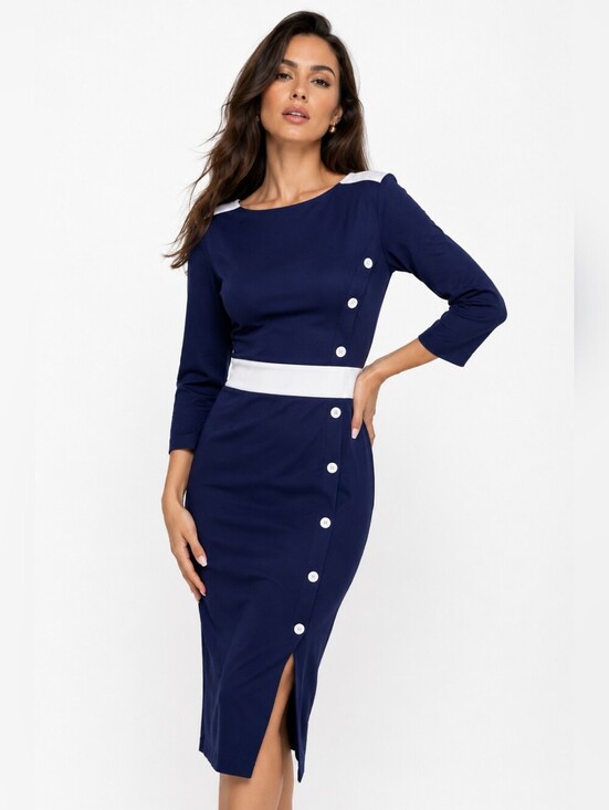 Homeyee Dresses & Skirts - HOMEYEE Navy White Colorblock Pencil Sheath Dress XL Office Cocktail